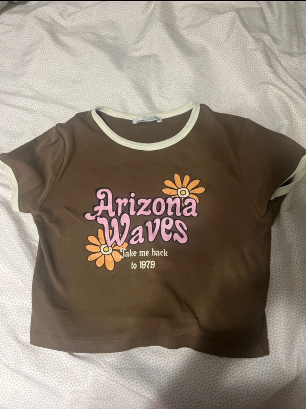 Pull&Bear Brown Crop Tee with Pink Logo and Orange Flowers